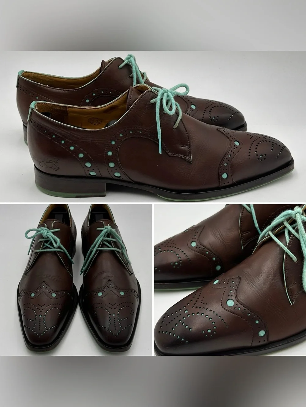 JOHN FLUEVOG WINGTOP OXFORD SHOES MENS Sz 8.5 BROWN SEAFOAM BROGUE GOSPEL CHORDS